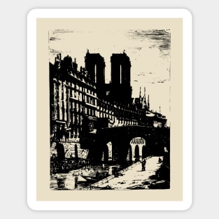Petit Pont and Notre Dame Engraving - 19th Century Parisian Landscape Sticker